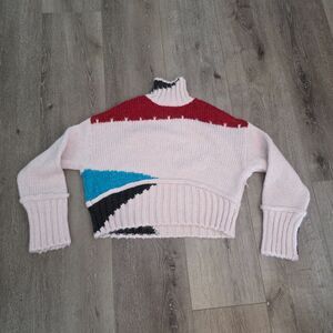 Zara Y2K Chunky Knit Mock Neck Color block Wool Blend Ski Sweater Pink Sz S